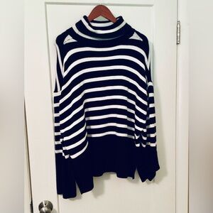 GAP Factory  24/7 Split-Hem Stripe Cotton Turtleneck Sweater Navy White Stripe